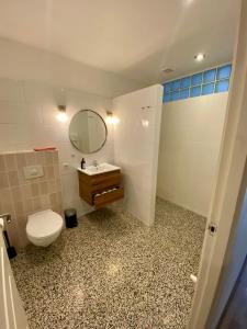 a bathroom with a toilet and a sink and a mirror at Apartment Havenstraat in Delft