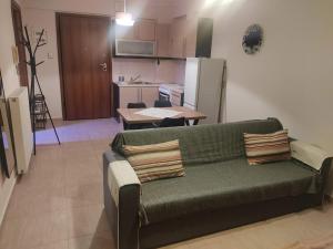 a living room with a green couch and a kitchen at Super central studio apartment in Kalavrita