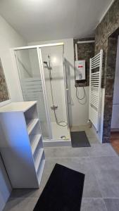 a bathroom with a shower and a walk in shower at Ferienhaus check ferien dot world in Berenbach +62 photos