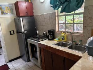 a kitchen with a stainless steel refrigerator and a sink at Sucasa Apartment in Willemstad