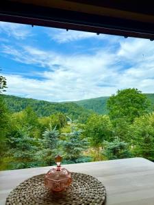 a room with a table with a view of the mountains at Pod Srebrzystym Świerkiem - Jacuzzi in Koszarawa