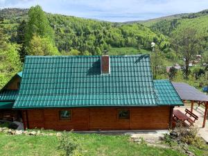a wooden house with a green roof with a view at Pod Srebrzystym Świerkiem - Jacuzzi in Koszarawa