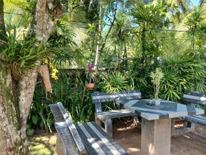 a picnic table and benches in a garden at Summer Heritage Villa in Unawatuna