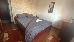 a bedroom with a bed with a blue comforter at 2 Rooms Center Ramnicu Valcea in Râmnicu Vâlcea