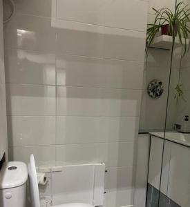a white bathroom with a toilet and a plant at Appart VH - Bienvenue au Lilas in Les Lilas