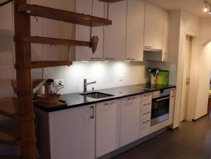 a kitchen with white cabinets and a sink and a ladder at Ferienhaus Fisch in Bad Ragaz