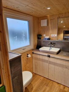 a small bathroom with a sink and a window at Tiny House Reichle in Boms