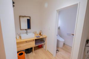 a bathroom with a sink and a mirror and a toilet at 里山ハウス in Kamogawa