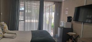 a bedroom with a bed and a window with a television at Achimer at 44 in Welkom