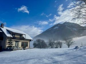 a house in the snow with a mountain in the background at Gaj pod brezami in Luče