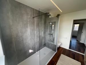 a bathroom with a shower with a glass door at Huisje Scheldevallei in Temse +22 photos