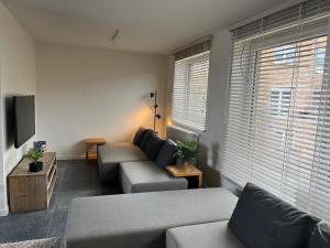 a living room with a couch and a tv at Huisje Scheldevallei in Temse