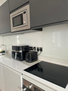 a kitchen with a toaster oven and a microwave at Modern-Spacious Dublin Apartment in Dublin