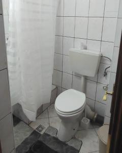 a bathroom with a white toilet in a room at Pensiunea Patru Brazi in Muntele Cacovei