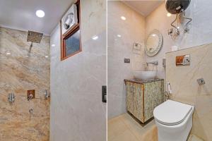 two pictures of a bathroom with a toilet and a sink at FabHotel Havenora - Nr Maharani Bagh in New Delhi +15 photos