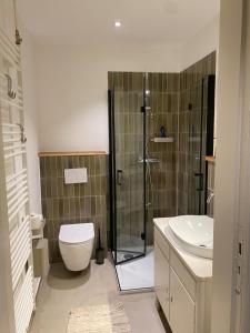 ein Badezimmer mit Dusche, Toilette und Waschbecken in der Unterkunft Webstube in Drochtersen