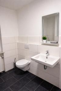 a white bathroom with a toilet and a sink at Platzreiches Apartment an der Mosel in Koblenz-Güls in Koblenz