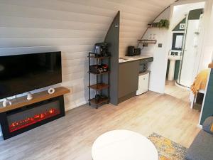 a living room with a tv and a fireplace at The Nest in Doolin +9 photos