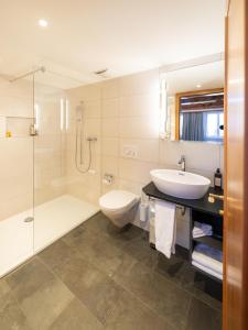 a bathroom with a sink and a toilet and a shower at Hotel Löwen in Appenzell +30 photos