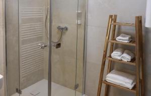 a shower with a glass door and some towels at Apartments Kellergasse in Purbach am Neusiedlersee
