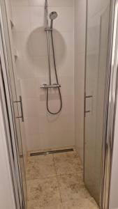 a bathroom with a shower with a glass door at Historische Villa mit Drachenfels-Blick in Bad Honnef am Rhein