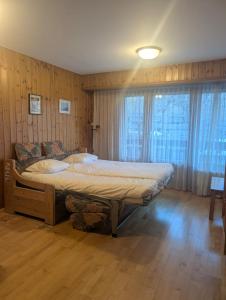 a bedroom with a bed and a large window at Centre Thermal 2 chambres studio EV110 in Ovronnaz
