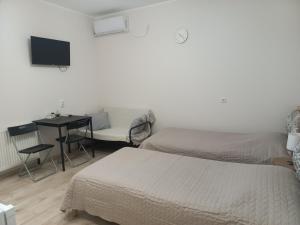 a bedroom with two beds and a desk with a monitor at KOD VELIKIH TUJA in Melenci