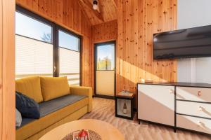 a living room with a couch and a flat screen tv at Wiatr od morza Jantar - BursztynoveLove in Jantar