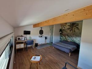 a living room with a bed and a desk and a table at Chambre indépendante Pyrenées in Lombez