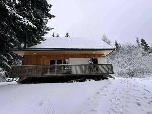 a house with a balcony in the snow at Hargitaház Mountain House in Harghita-Băi +18 photos