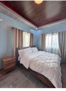 a bedroom with a large bed with a red ceiling at Brandons Beach Resort in Inayauan +23 photos