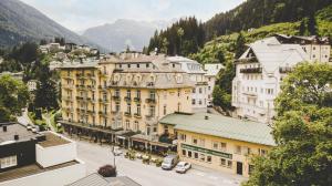 an aerial view of a city with buildings at Kurhotel & Hotel Mozart in Bad Gastein