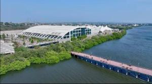 an aerial view of a building next to a river at Departamento Paty in Tampico