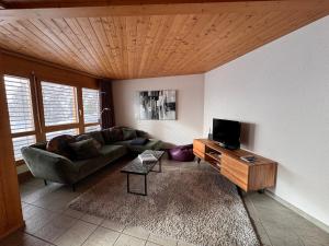 a living room with a couch and a tv at Ferienwohnung Leuweli in Hasliberg