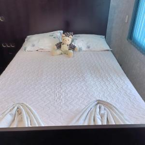 a teddy bear sitting on top of a bed at Mary&George in Sectorul Botanica +5 photos