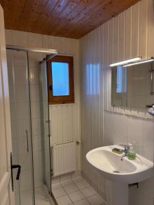 a white bathroom with a sink and a shower at Appartement Daria in Prémanon +8 photos