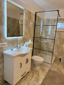 a bathroom with a sink and a toilet and a mirror at Casa Bunicii in Târgu Neamț