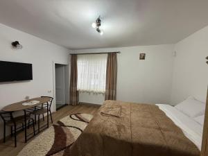 a bedroom with a bed and a table and a television at Casa Bunicii in Târgu Neamț +12 photos