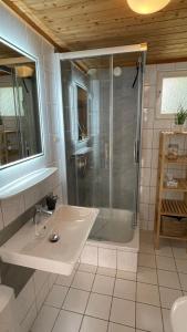 a bathroom with a shower and a sink at Useriner Ferienhaus in Userin +41 photos