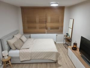 a bedroom with a bed and a flat screen tv at Apartament Sobótka in Sobótka