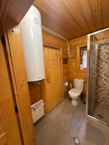 ein Badezimmer mit Toilette in einer Holzhütte in der Unterkunft Alpine ski chalet Borovets with sauna in Borowez + 102 Fotos