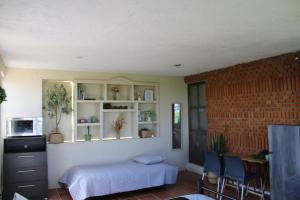 a bedroom with a bed and a brick wall at Hermosa habitación de campo in San Gregorio Atzompa