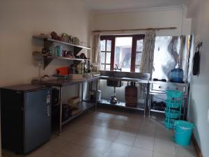 a kitchen with a counter and a sink in it at Blue Planet Lodge & Restaurant in Pokhara