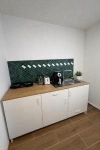 a kitchen with a counter top with a sink at Apartment für Monteure & Gruppen in Koblenz-Ehrenbreitstein in Koblenz