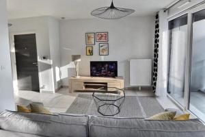 a living room with a couch and a television at 50m2 côté Bâle parking inclus in Saint-Louis +4 photos