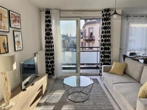a living room with a couch and a tv at 50m2 côté Bâle parking inclus in Saint-Louis