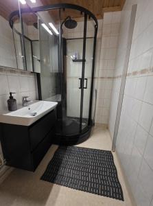 a bathroom with a shower and a sink and a rug at Huoneisto Kuusi in Kokkola