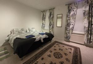 a bedroom with a bed and a rug at Huoneisto Kuusi in Kokkola
