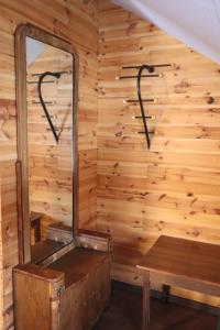 a room with a mirror and a wooden wall at Jaunmežu pirts in Rūstuži +35 photos