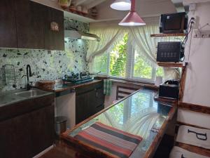 a kitchen with a fish tank in the middle of a kitchen at Apartamento Villa Amanecer in Villarrica